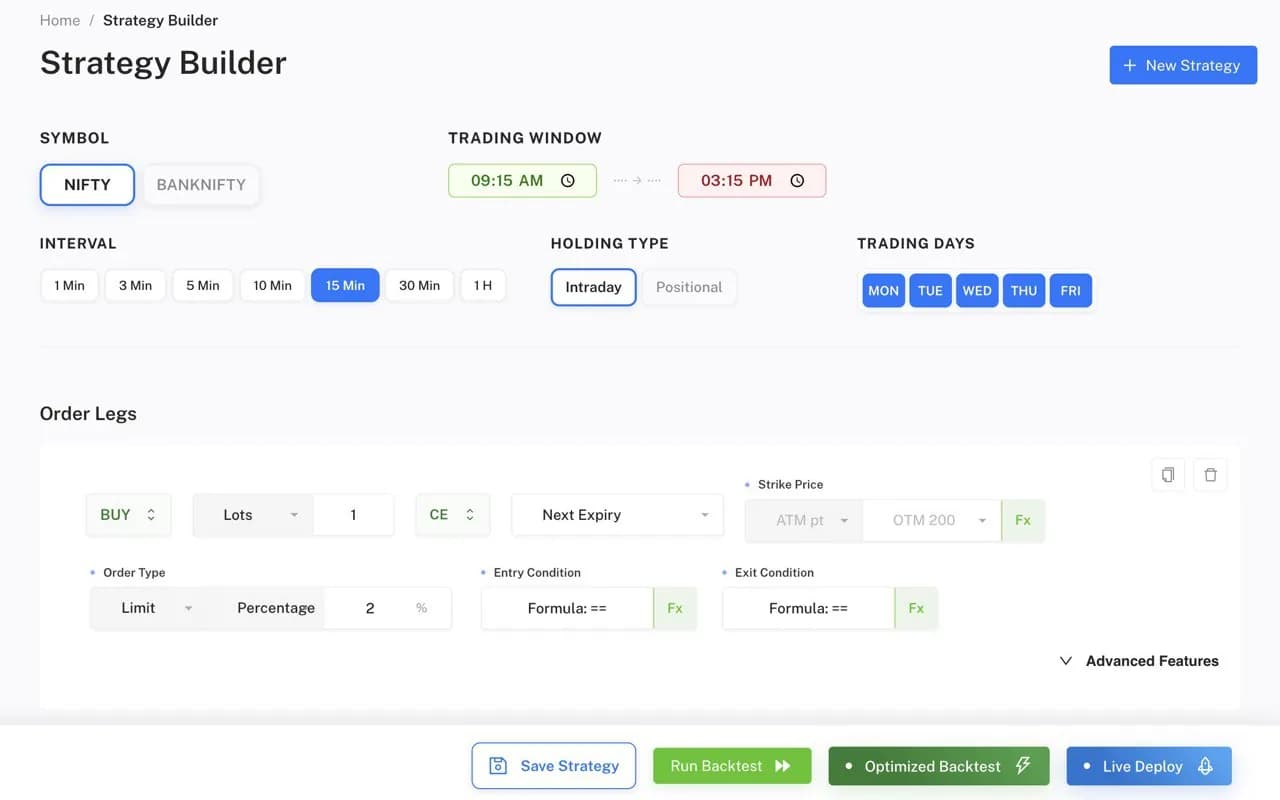 The strategy builder: symbol, trading window, interval, trading days, and an order leg with entry and exit conditions.